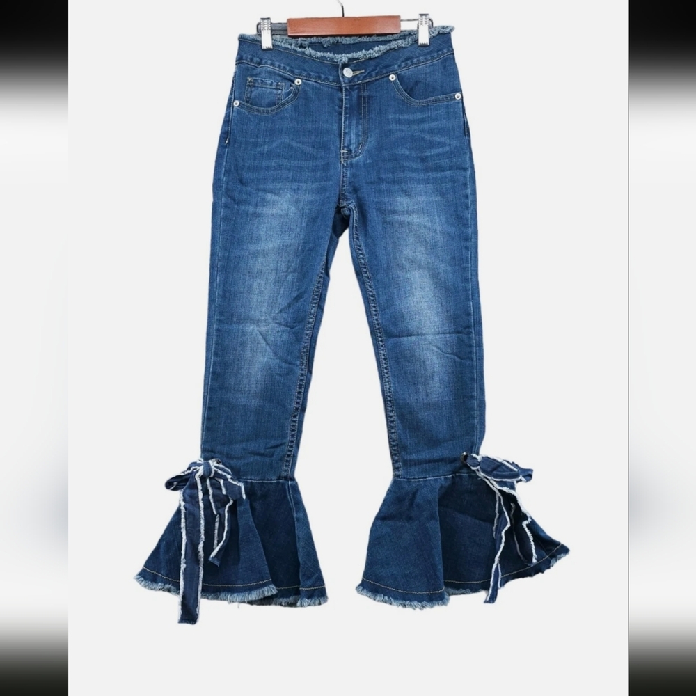 Women's  Cropped Boho Bow Bell Bottom Flared Jeans S